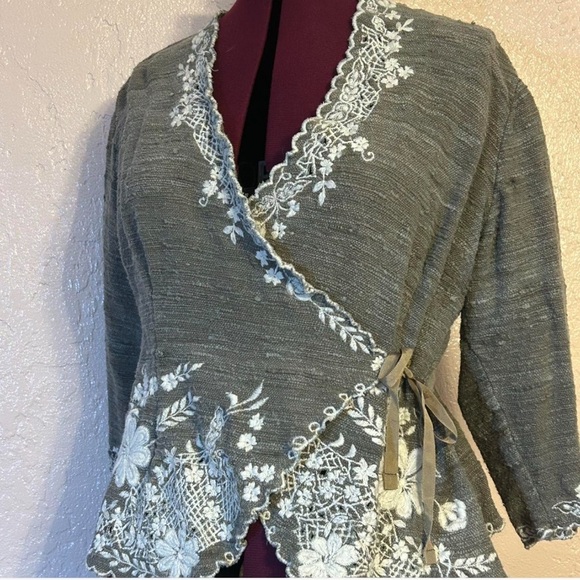 Tops - Two Star Dog Gray Wrap blouse with White Floral Embroidery